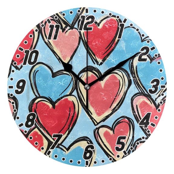 Dailycode Round Wall Clock Battery Operated Silent Non-Ticking Hanging Clock 10" Blue Red Heart