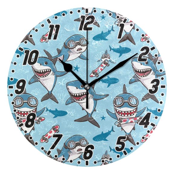 Dailycode Round Wall Clock Battery Operated Silent Non-Ticking Hanging Clock 10" Cartoon Sharks with Skateboard