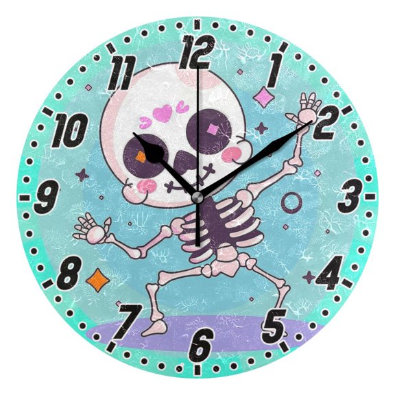 Dailycode Round Wall Clock Battery Operated Silent Non-Ticking Hanging Clock 10" Cartoon Skeleton Dancing
