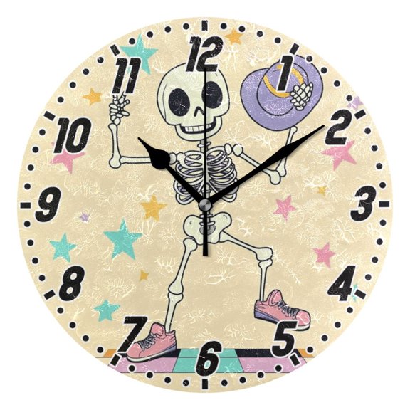 Dailycode Round Wall Clock Battery Operated Silent Non-Ticking Hanging Clock 10" Cartoon Skeleton on Dance Floor