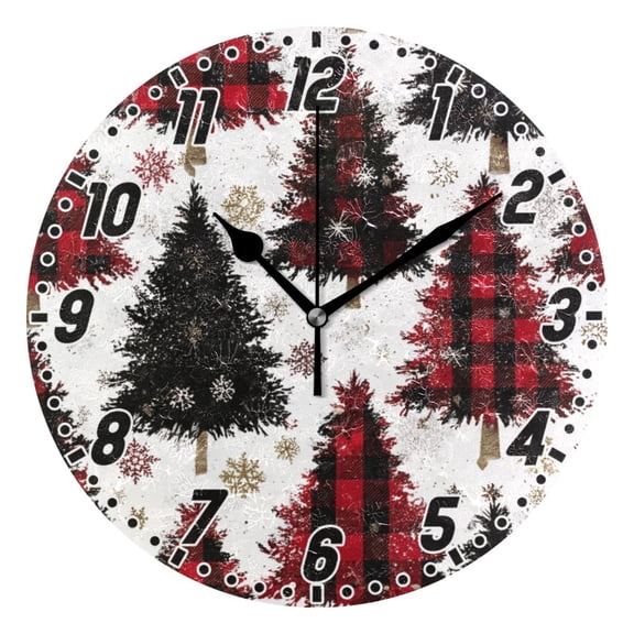 Dailycode Round Wall Clock Battery Operated Silent Non-Ticking Hanging Clock 10" Christmas Tree with Plaid