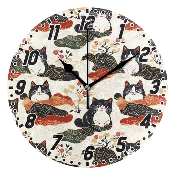 Dailycode Round Wall Clock Battery Operated Silent Non-Ticking Hanging Clock 10" Japanese Maneki-neko Cats