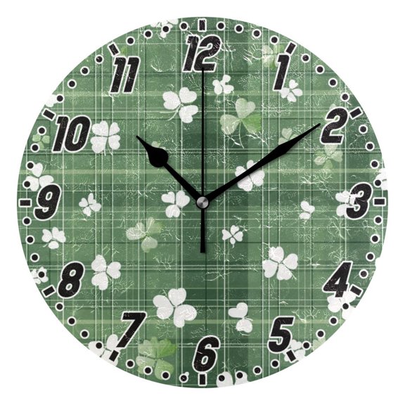 Dailycode Round Wall Clock Battery Operated Silent Non-Ticking Hanging Clock 10" Plaid with Shamrocks