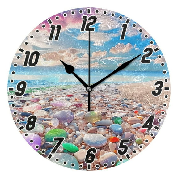 Dailycode Round Wall Clock Battery Operated Silent Non-Ticking Hanging Clock 10" Sea and Colorful Cobblestone