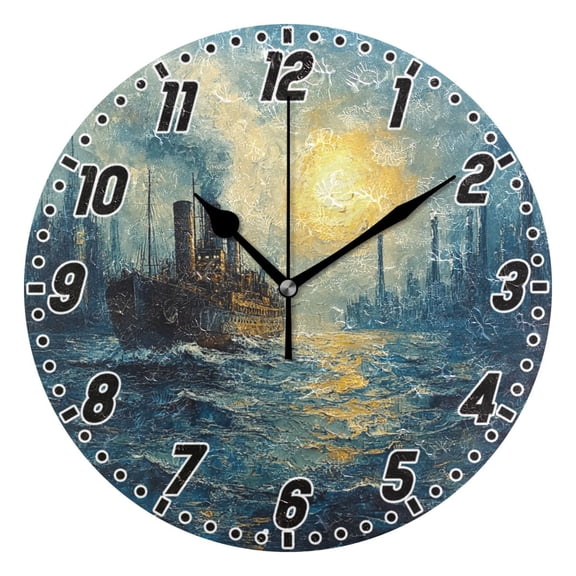 Dailycode Round Wall Clock Battery Operated Silent Non-Ticking Hanging Clock 10" Steamship Sailing on Sea