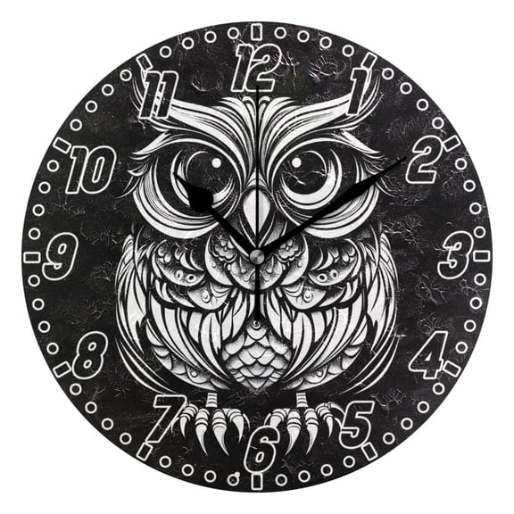 Dailycode Round Wall Clock Battery Operated Silent Non-Ticking Hanging Clock 10" White Hand Drawn Owl