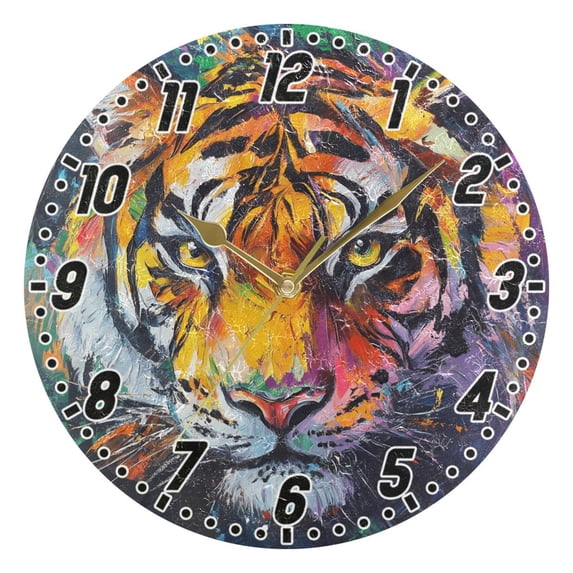 Dailycode Round Wall Clock Battery Operated Silent Non-Ticking Hanging Clock Gold Pointer 10" Abstract Art Oil Painting Tiger