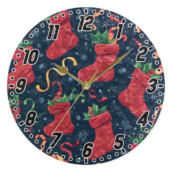 Dailycode Round Wall Clock Battery Operated Silent Non-Ticking Hanging Clock Gold Pointer 10" Christmas Stockings with Candy Cane
