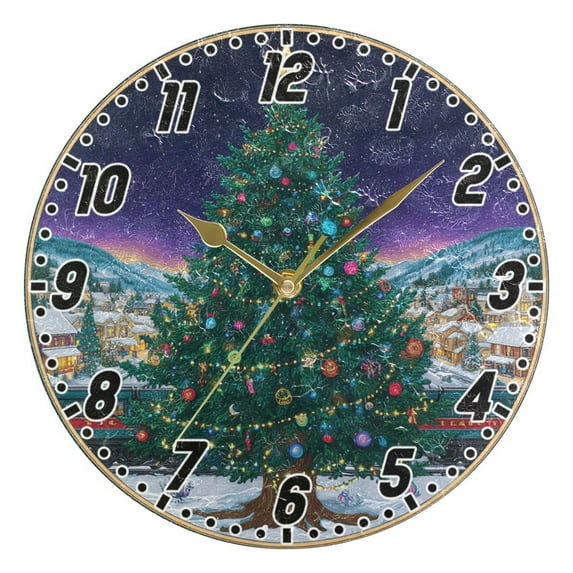 Dailycode Round Wall Clock Battery Operated Silent Non-Ticking Hanging Clock Gold Pointer 10" Christmas Tree with Colorful Lights
