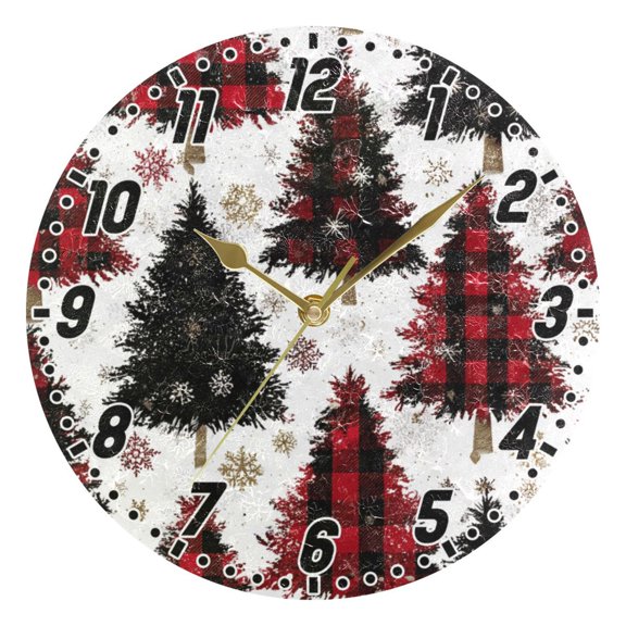 Dailycode Round Wall Clock Battery Operated Silent Non-Ticking Hanging Clock Gold Pointer 10" Christmas Tree with Plaid