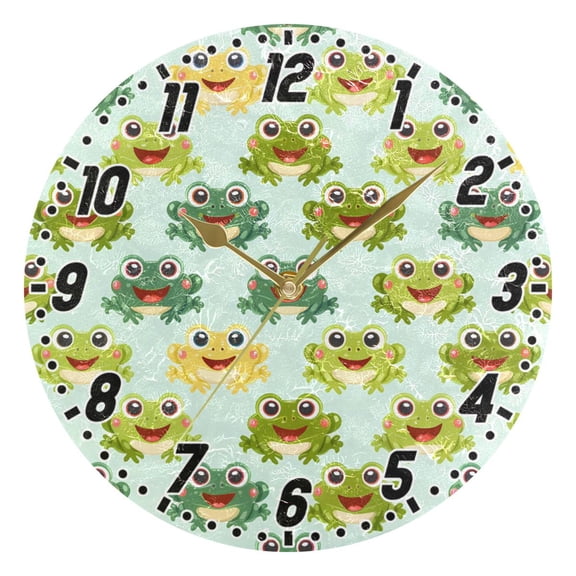 Dailycode Round Wall Clock Battery Operated Silent Non-Ticking Hanging Clock Gold Pointer 10" Cute Happy Frogs