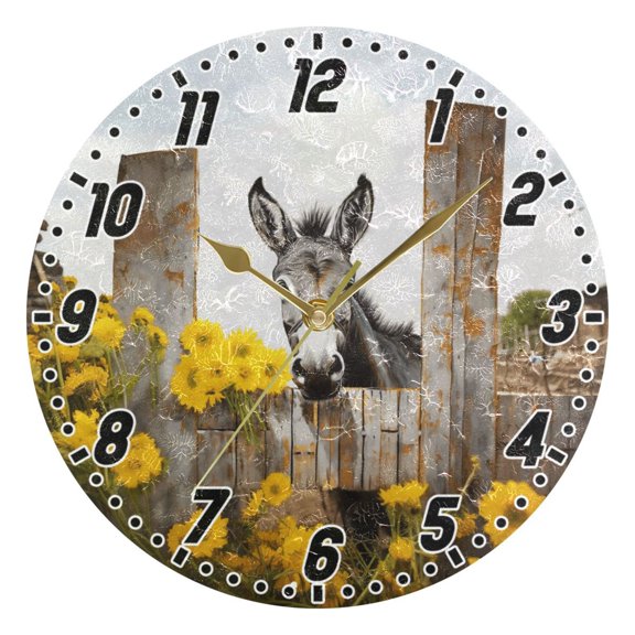 Dailycode Round Wall Clock Battery Operated Silent Non-Ticking Hanging Clock Gold Pointer 10" Donkey with Chrysanthemum Flower