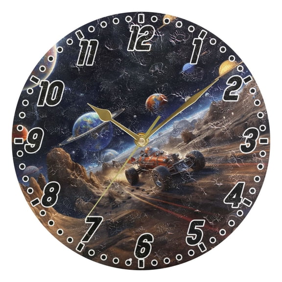 Dailycode Round Wall Clock Battery Operated Silent Non-Ticking Hanging Clock Gold Pointer 10" Racing Car on Planet