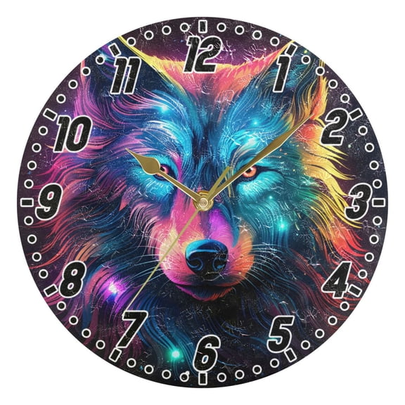 Dailycode Round Wall Clock Battery Operated Silent Non-Ticking Hanging Clock Gold Pointer 10" Rainbow Color Wolf