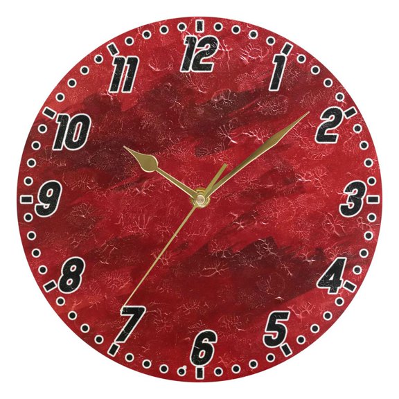 Dailycode Round Wall Clock Battery Operated Silent Non-Ticking Hanging Clock Gold Pointer 10" Red Brush Strokes Art