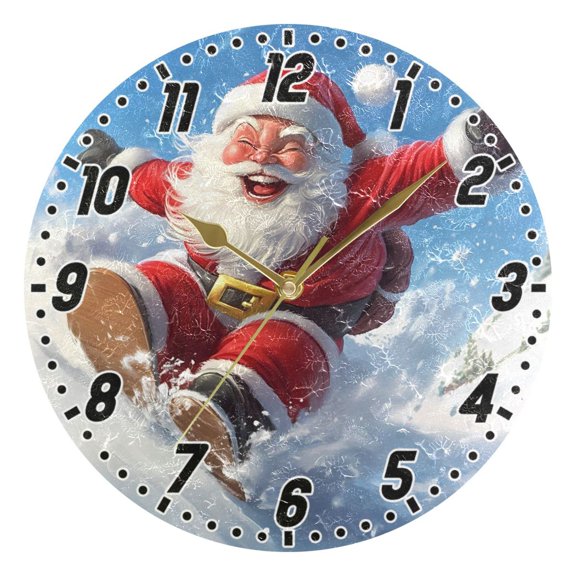 Dailycode Round Wall Clock Battery Operated Silent Non-Ticking Hanging Clock Gold Pointer 10" Santa Claus Slide Snow