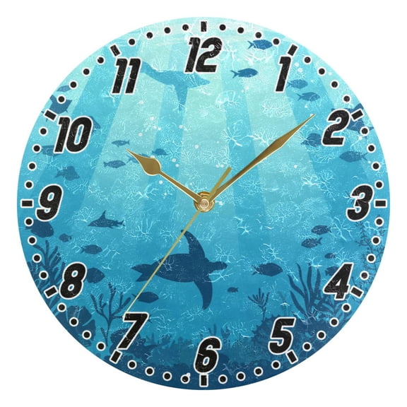 Dailycode Round Wall Clock Battery Operated Silent Non-Ticking Hanging Clock Gold Pointer 10" Sea Life Silhouettes