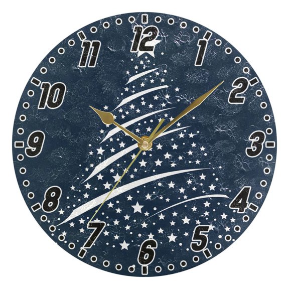 Dailycode Round Wall Clock Battery Operated Silent Non-Ticking Hanging Clock Gold Pointer 10" White Starry Christmas Tree