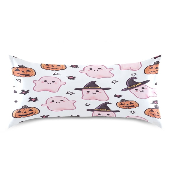 Dailycode Satin Pillow Case King Silk Pillow Cover for Hair and Skin Envelope Closure Cute Pink Ghost and Pumpkin 20"x40"