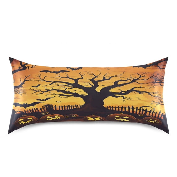 Dailycode Satin Pillow Case King Silk Pillow Cover for Hair and Skin Envelope Closure Spooky Tree Pumpkins Bats 20"x40"