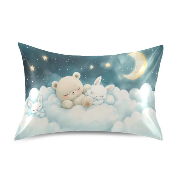 Dailycode Satin Pillow Case Queen Silk Pillow Cover for Hair and Skin Envelope Closure Bear Rabbit Sleep on Cloud 20"x30"