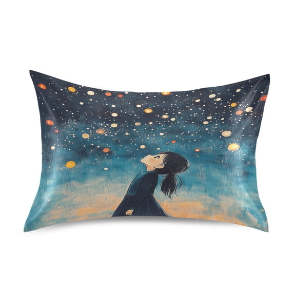 Dailycode Satin Pillow Case Queen Silk Pillow Cover for Hair and Skin Envelope Closure Girl Look Up Night Stars 20"x30"