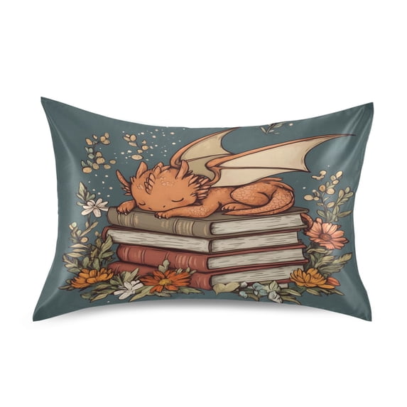 Dailycode Satin Pillow Case Queen Silk Pillow Cover for Hair and Skin Envelope Closure Little Dinosaur on Book 20"x30"