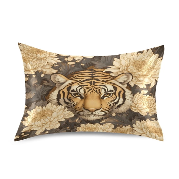 Dailycode Satin Pillow Case Queen Silk Pillow Cover for Hair and Skin Envelope Closure Tiger in Flower Field 20"x30"