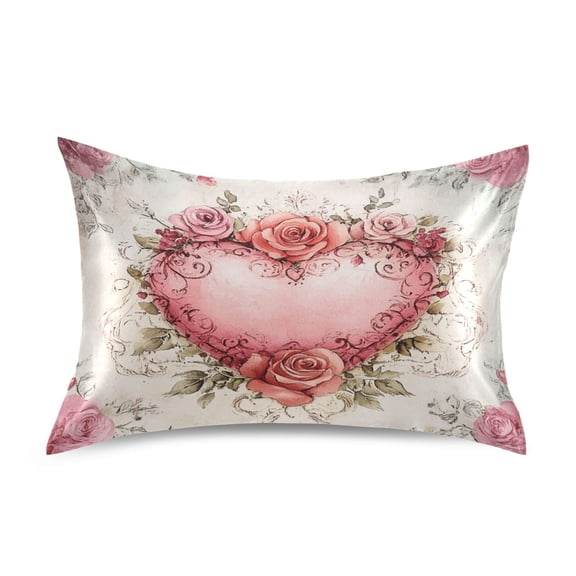 Dailycode Satin Pillow Case Standard Silk Pillow Cover for Hair and Skin Envelope Closure Beautiful Pink Heart with Roses 20"x26"