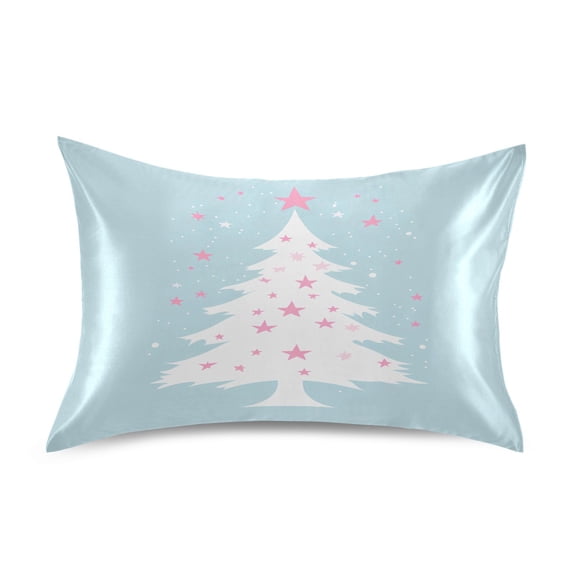 Dailycode Satin Pillow Case Standard Silk Pillow Cover for Hair and Skin Envelope Closure Christmas Tree and Pink Star 20"x26"