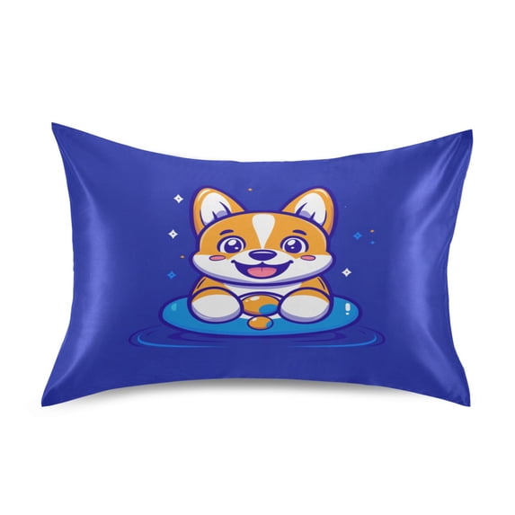 Dailycode Satin Pillow Case Standard Silk Pillow Cover for Hair and Skin Envelope Closure Cute Corgi Dog on Swimming Ring 20"x26"