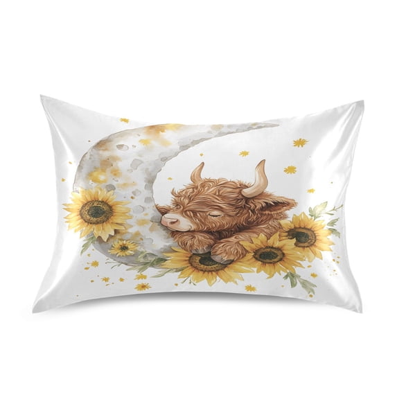 Dailycode Satin Pillow Case Standard Silk Pillow Cover for Hair and Skin Envelope Closure Highland Cattle Moon Sunflower 20"x26"
