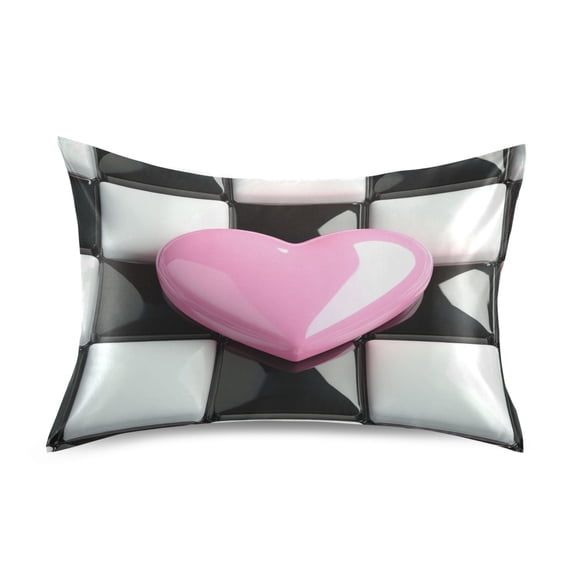 Dailycode Satin Pillow Case Standard Silk Pillow Cover for Hair and Skin Envelope Closure Pink Heart with Checkered 20"x26"