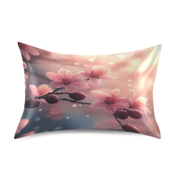 Dailycode Satin Pillow Case Standard Silk Pillow Cover for Hair and Skin Envelope Closure Pink Peach Blossoms 20"x26"