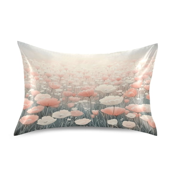 Dailycode Satin Pillow Case Standard Silk Pillow Cover for Hair and Skin Envelope Closure Pink and White Flowers Field 20"x26"