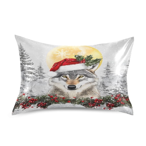 Dailycode Satin Pillow Case Standard Silk Pillow Cover for Hair and Skin Envelope Closure Santa Hat Wolf 20"x26"