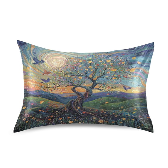 Dailycode Satin Pillow Case Standard Silk Pillow Cover for Hair and Skin Envelope Closure Whimsical Tree with Flowers and Birds 20"x26"