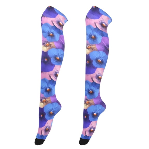 Dailycode Sheer Knee High Stockings for Women Pink Blue Purple Pansies