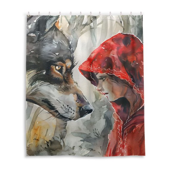 Dailycode Shower Curtain Liners 60x72in Water Resistant Machine Washable Rustproof Grommets Fabric Bath Curtain, Wolf and Red Clothed Girl