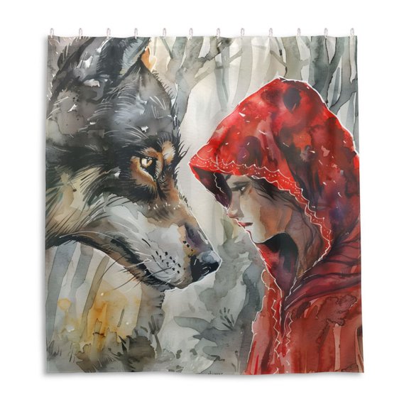 Dailycode Shower Curtain Liners 66x72in Water Resistant Machine Washable Rustproof Grommets Fabric Bath Curtain, Wolf and Red Clothed Girl