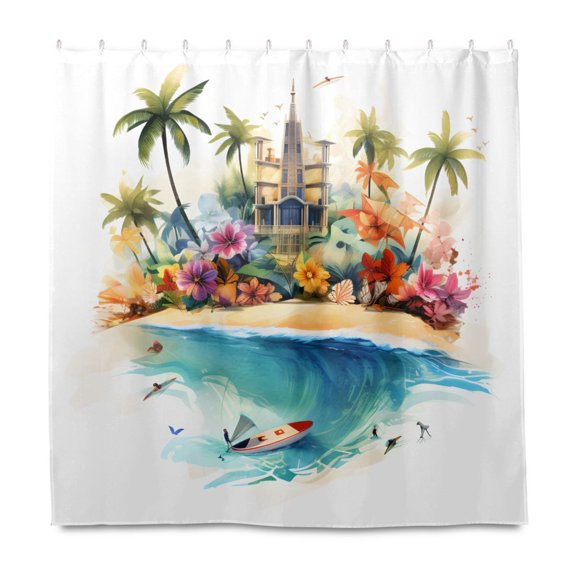Dailycode Shower Curtain Liners 72x72in Water Resistant Machine Washable Rustproof Grommets Fabric Bath Curtain, Architecture on Beach