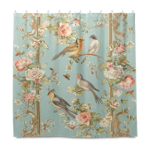 Dailycode Shower Curtain Liners 72x72in Water Resistant Machine Washable Rustproof Grommets Fabric Bath Curtain, Birds Flowers Frame