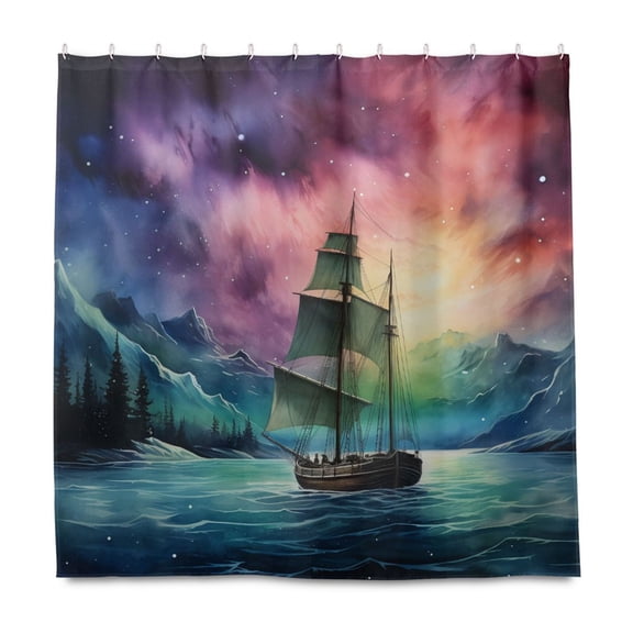 Dailycode Shower Curtain Liners 72x72in Water Resistant Machine Washable Rustproof Grommets Fabric Bath Curtain, Boat on Sea with Aurora