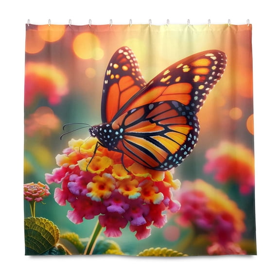 Dailycode Shower Curtain Liners 72x72in Water Resistant Machine Washable Rustproof Grommets Fabric Bath Curtain, Butterfly on Lantana Flower