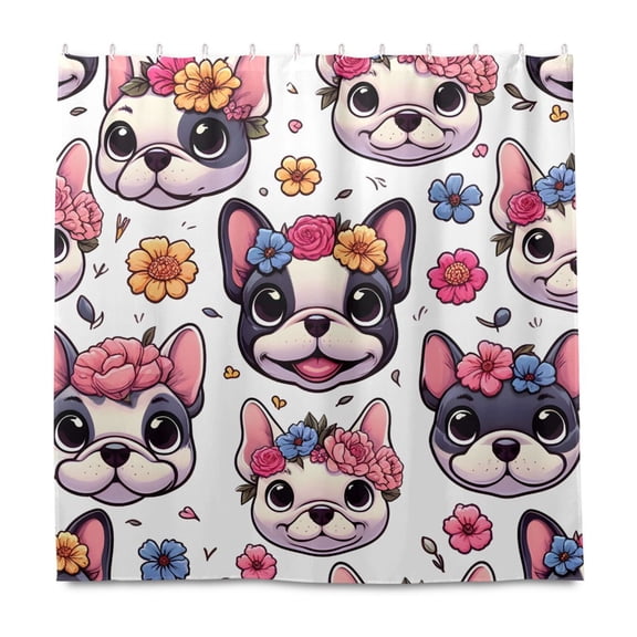 Dailycode Shower Curtain Liners 72x72in Water Resistant Machine Washable Rustproof Grommets Fabric Bath Curtain, Cartoon Bulldog and Flower