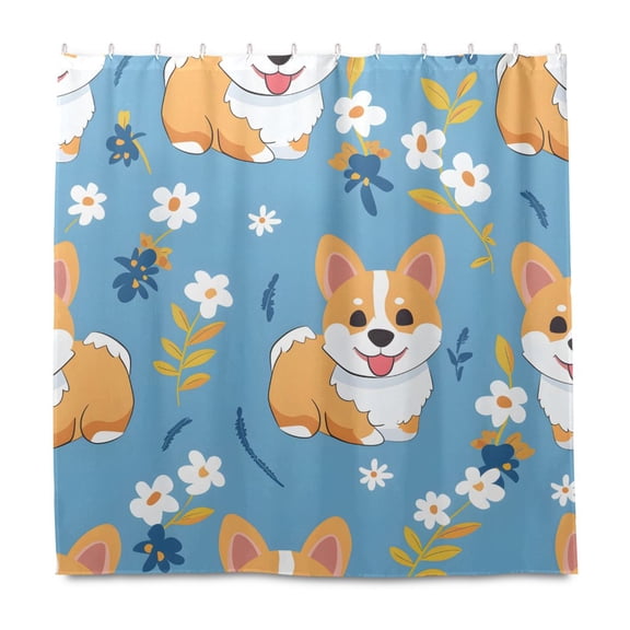 Dailycode Shower Curtain Liners 72x72in Water Resistant Machine Washable Rustproof Grommets Fabric Bath Curtain, Cartoon Corgi Dog and Flower