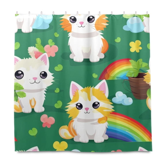 Dailycode Shower Curtain Liners 72x72in Water Resistant Machine Washable Rustproof Grommets Fabric Bath Curtain, Cute Cats with Rainbow