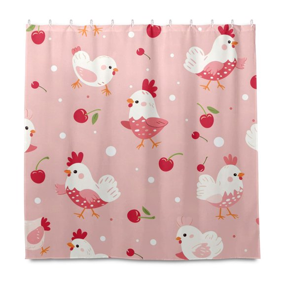 Dailycode Shower Curtain Liners 72x72in Water Resistant Machine Washable Rustproof Grommets Fabric Bath Curtain, Cute Chicken with Cherry