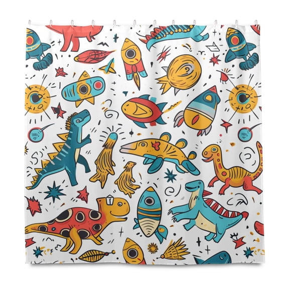 Dailycode Shower Curtain Liners 72x72in Water Resistant Machine Washable Rustproof Grommets Fabric Bath Curtain, Dinosaur and Rocket