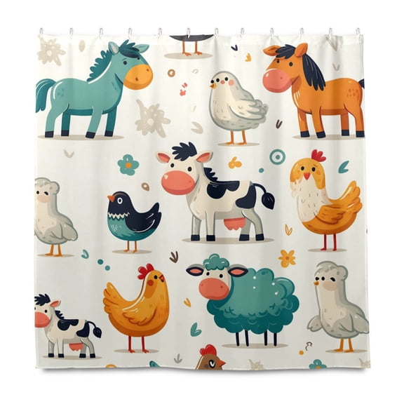 Dailycode Shower Curtain Liners 72x72in Water Resistant Machine Washable Rustproof Grommets Fabric Bath Curtain, Horse Cow Chicken Bird Sheep